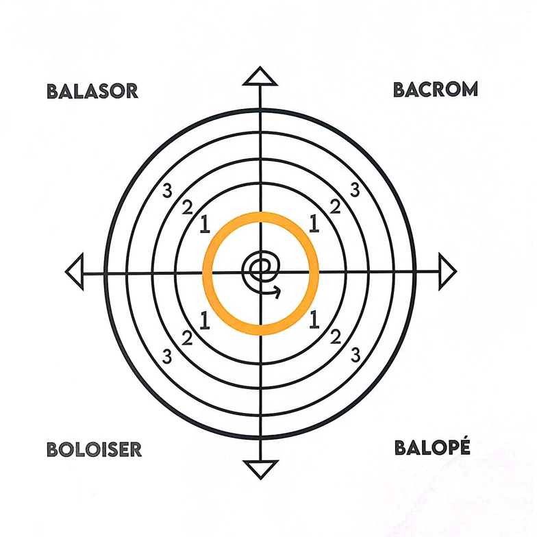 Black Hole Layer Diagram — concentric rings showing Balasor, Bacrom, Balopé, and Boloiser quadrants with numbered fluid succession levels